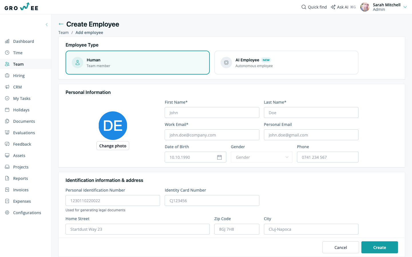 The Create Employee form with the personal information and employment sections