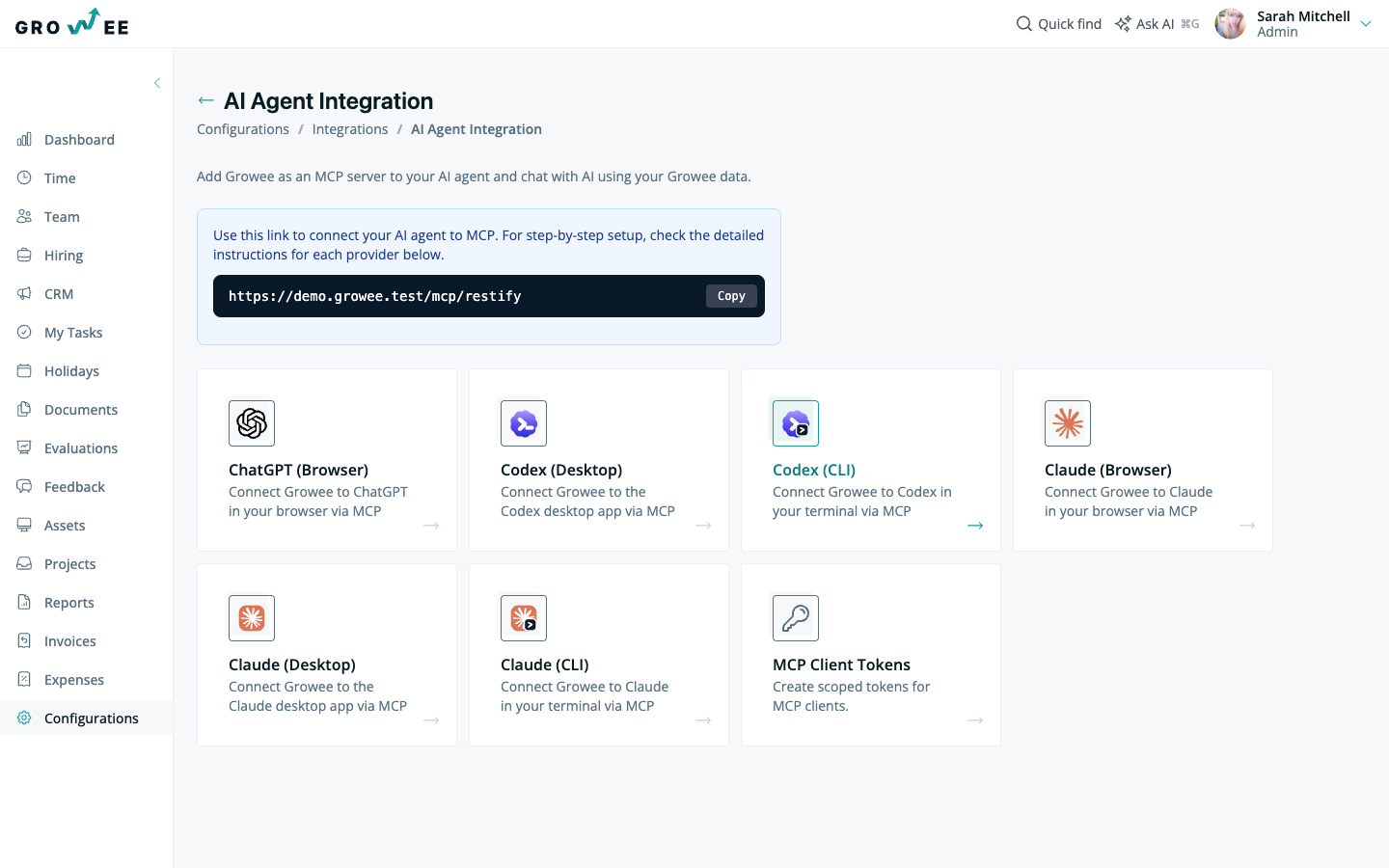 The AI Agent Integration page in Growee, showing the MCP server URL with a Copy button and setup cards for ChatGPT, Codex, and Claude