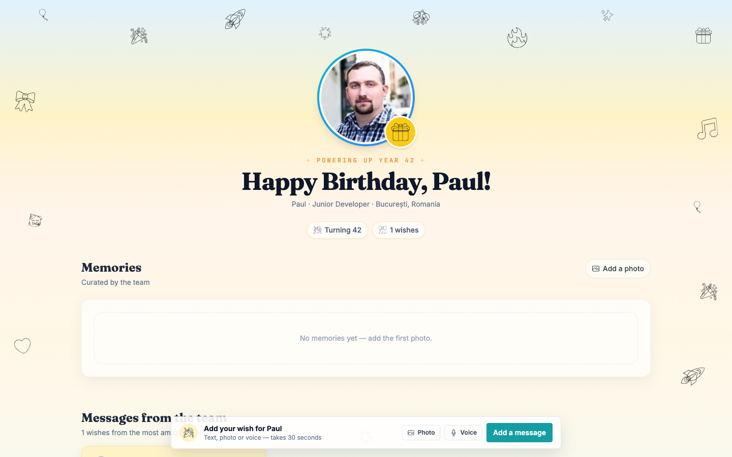 A public birthday board with the header, memories, and messages sections