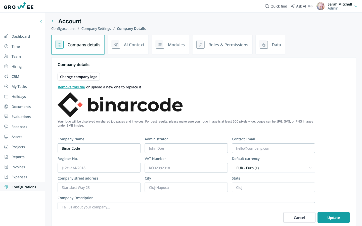 The Company details tab with company profile fields and feature toggles