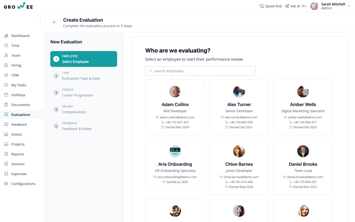The create evaluation form with employee, assignee, date, and type fields