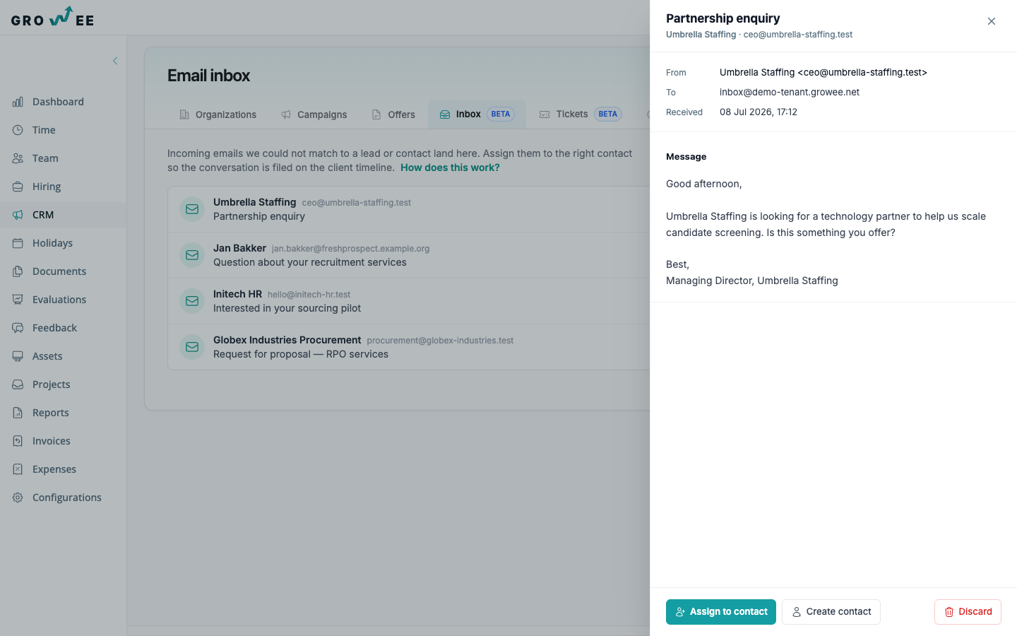 The CRM triage inbox listing unmatched emails with assign, create contact, and discard actions