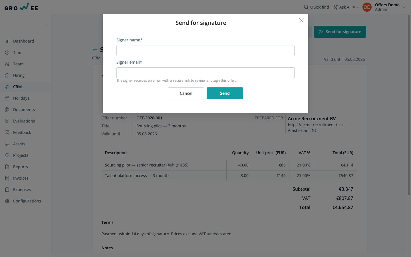 The send-for-signature dialog with the Signer name and Signer email fields and the secure-link helper text