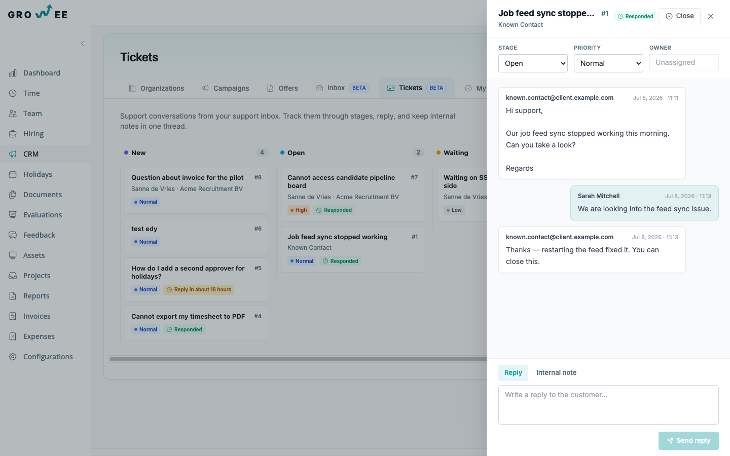 A ticket conversation drawer showing the threaded email exchange with the Reply and Internal note composer