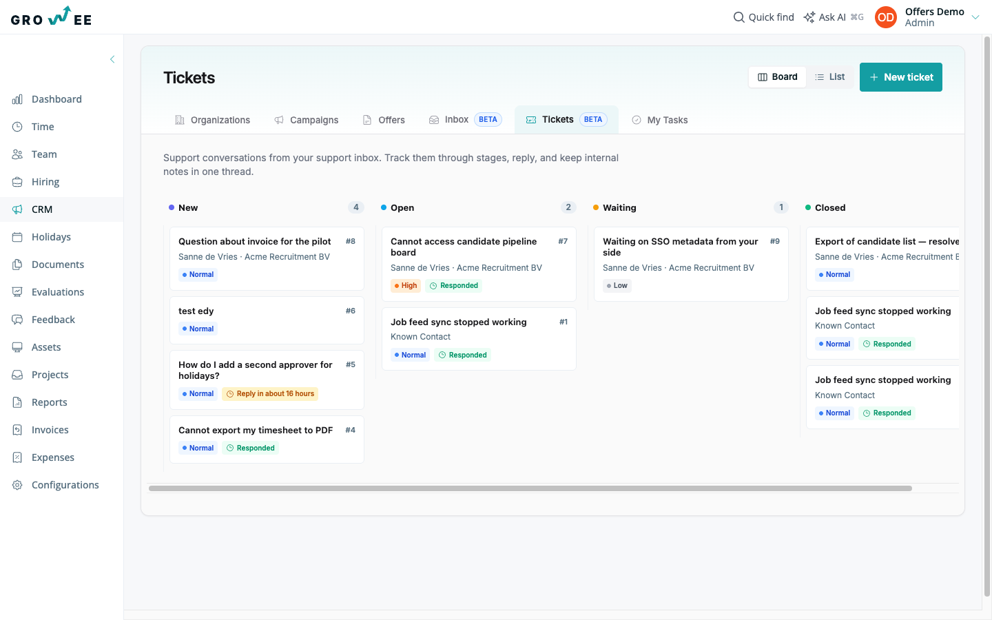 The CRM tickets kanban board with tickets arranged in columns by stage