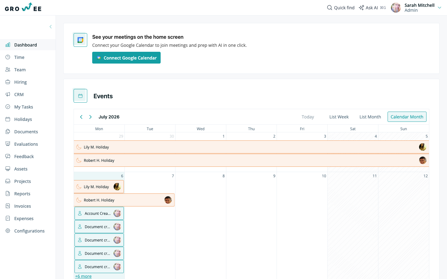 The Growee dashboard with the events calendar