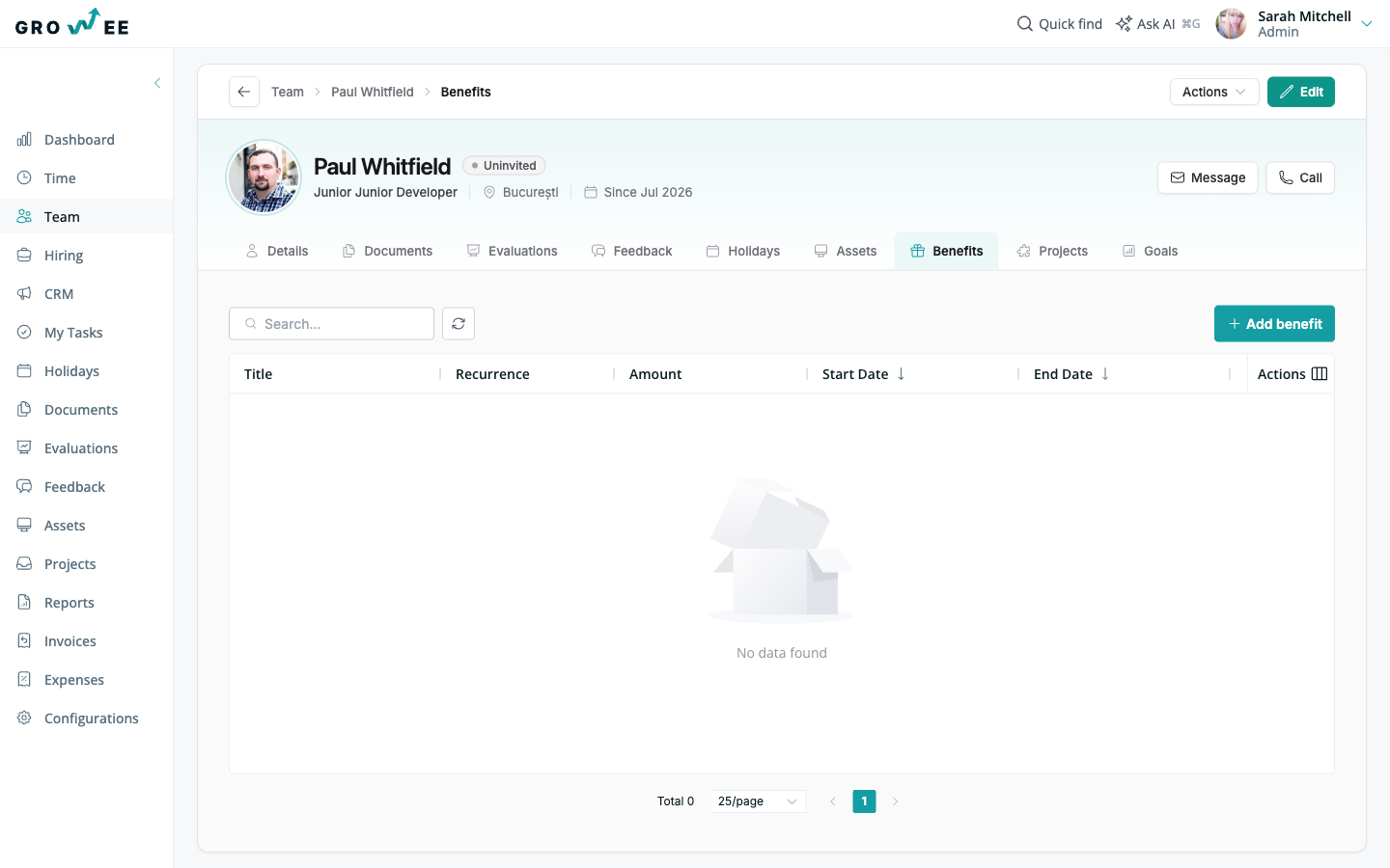 The Benefits tab on an employee profile
