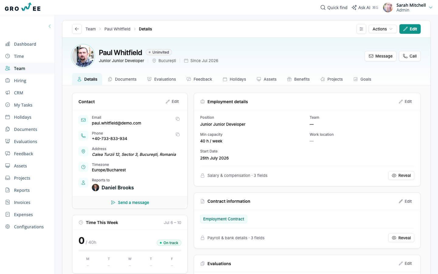 An employee profile showing the Details tab and the tab navigation