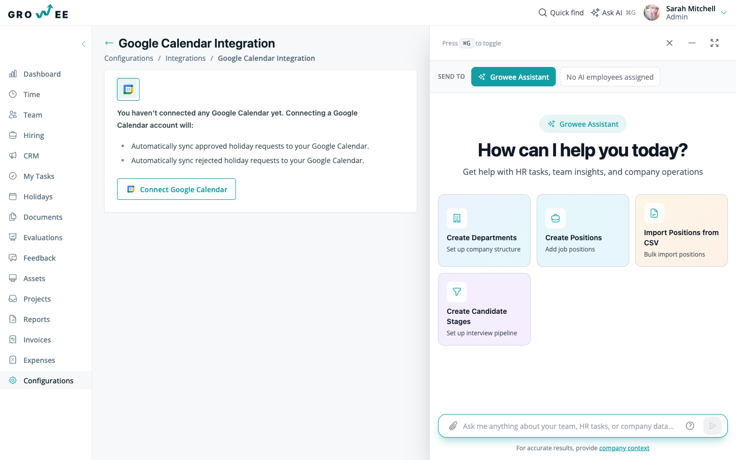The Google Calendar integration page in Growee