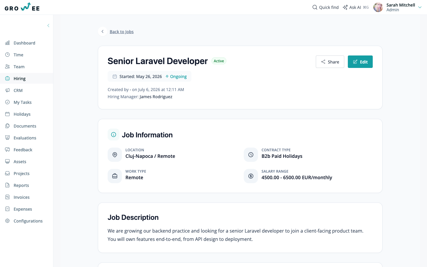 A job detail page with job information, description, and candidate list