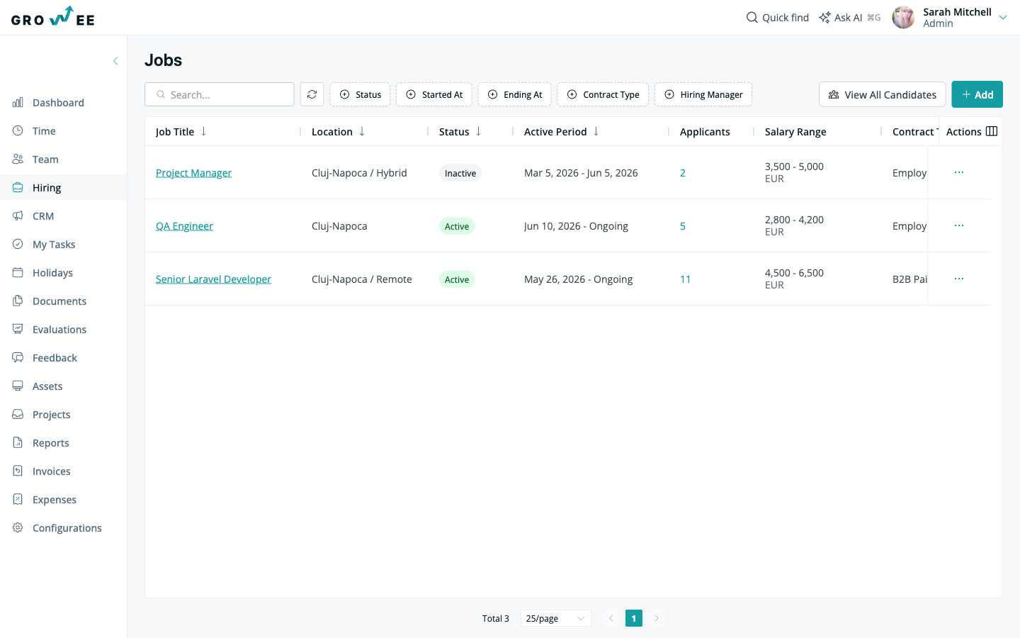 The Hiring jobs list showing open roles