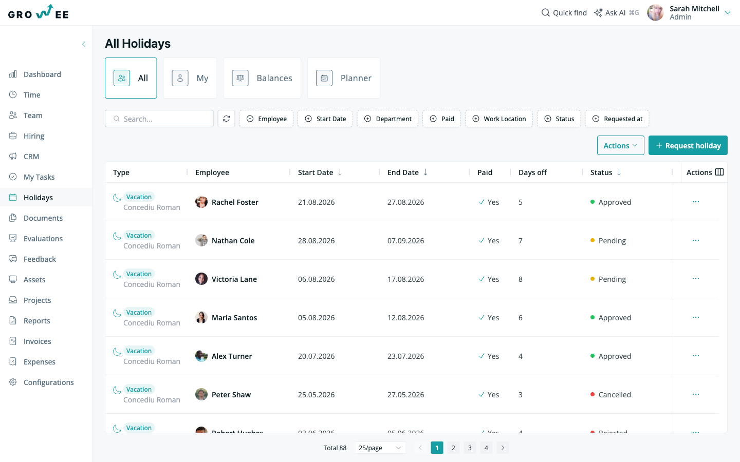 The Holidays module with leave requests