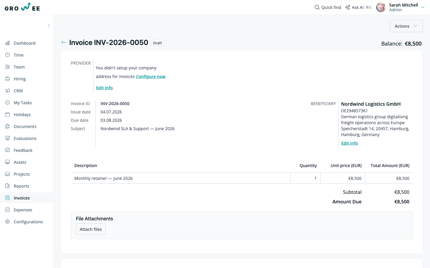 An invoice detail page in Growee