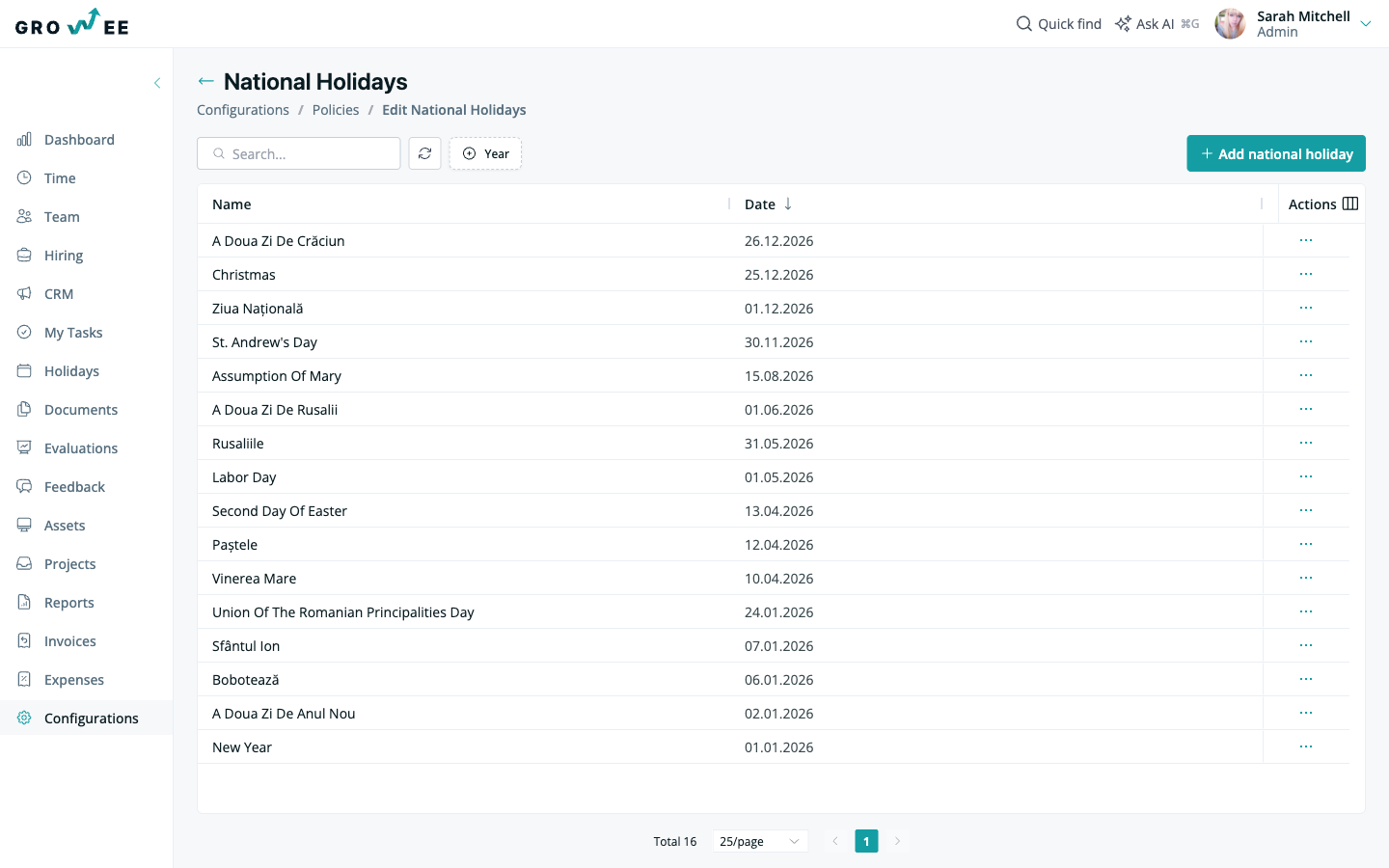 National Holidays editor listing each holiday with its date and a per-row actions menu