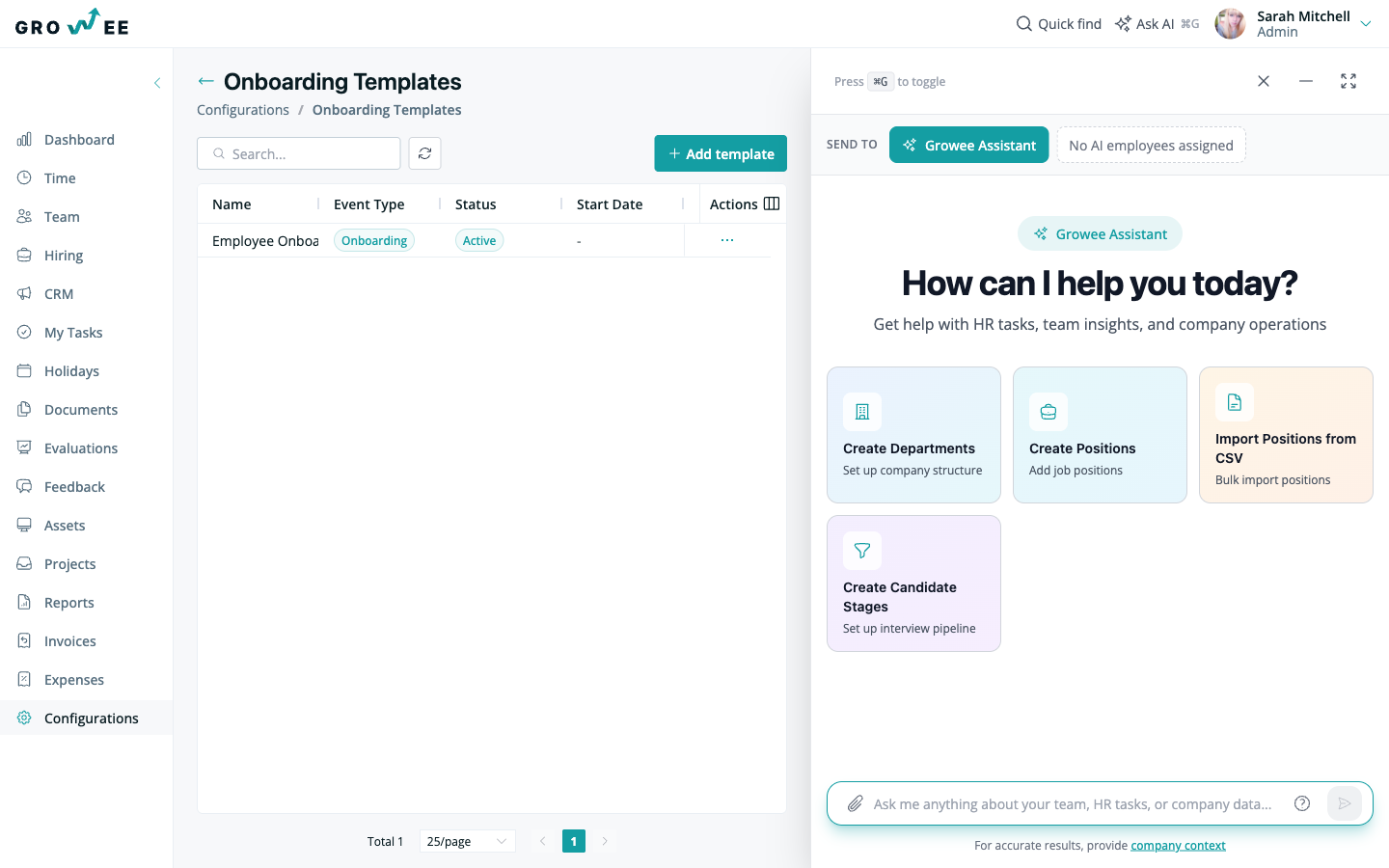 The Onboarding Templates list in Configurations