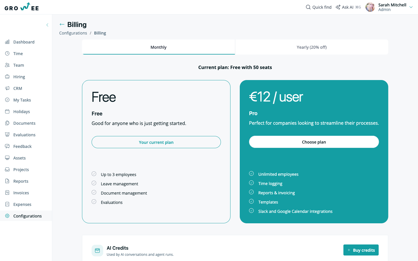 The Billing section in Configurations showing the available plans