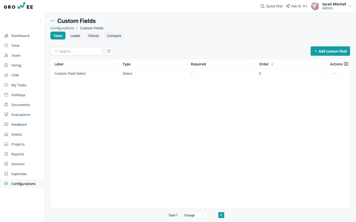 The Custom Fields configuration with the entity-type filter and fields list