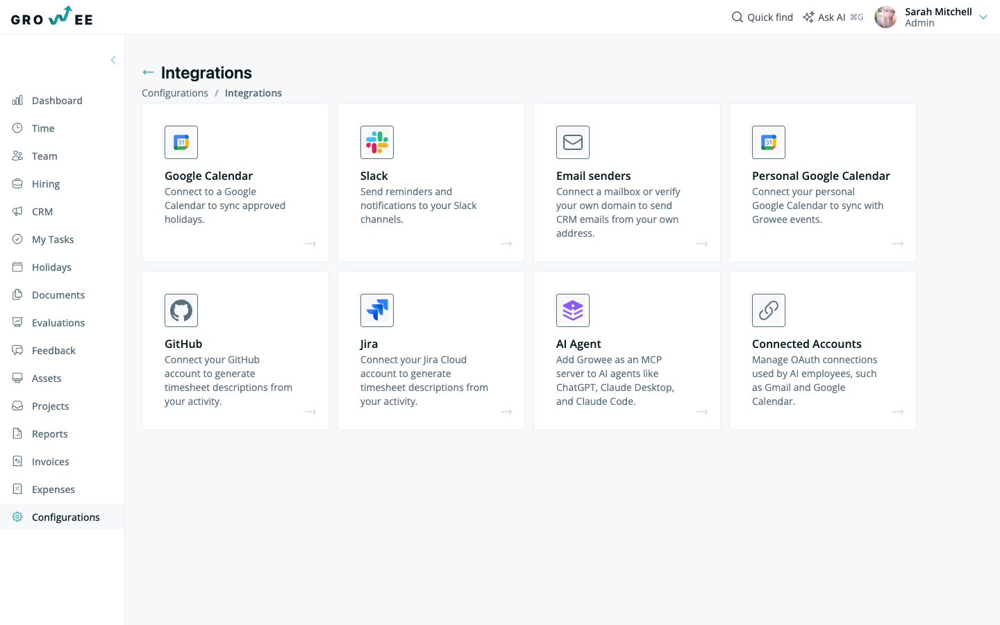 The Integrations catalog with the AI Agent card