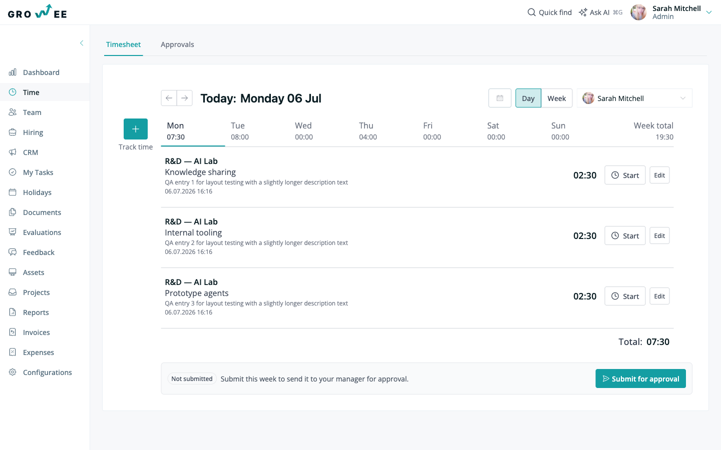 The Time module with the person selector next to the Day and Week toggle