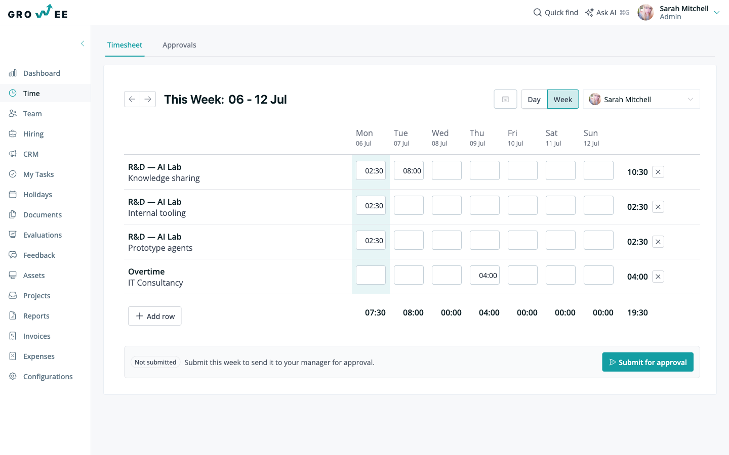 Weekly timesheet with the submit for approval bar