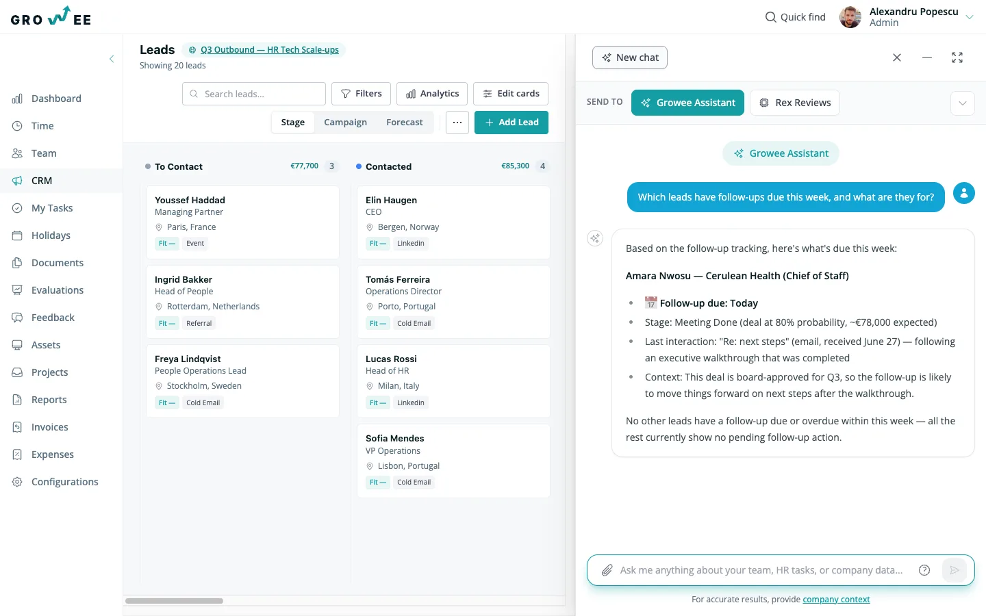 The assistant listing which leads have follow-ups due this week.