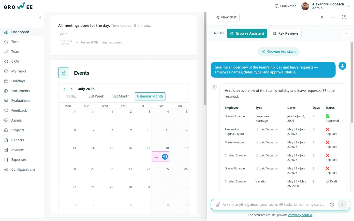 The team's leave requests — who, when, and approval status — in one answer.