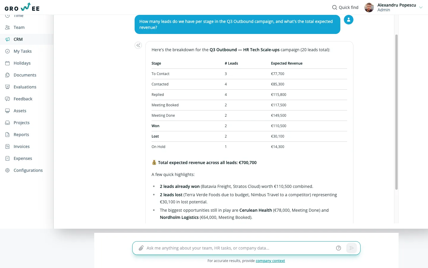 The assistant summarizing the CRM pipeline: leads per stage with expected revenue.