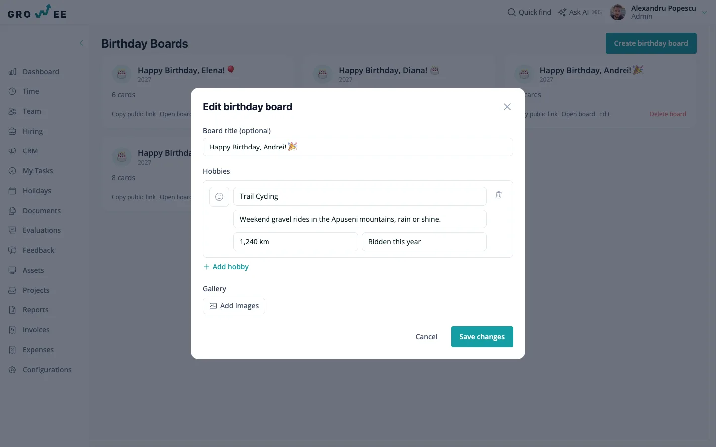 The board edit dialog — a hobby row with a stat, and the gallery's Add images control.