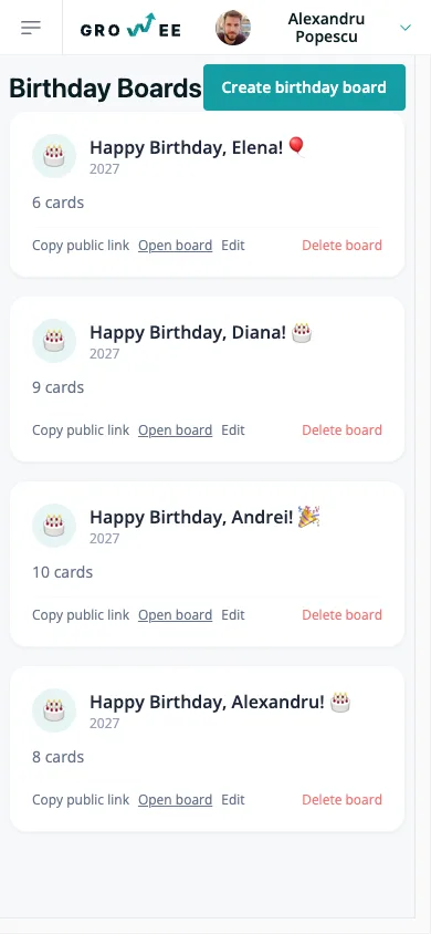 The list of birthday boards on a phone