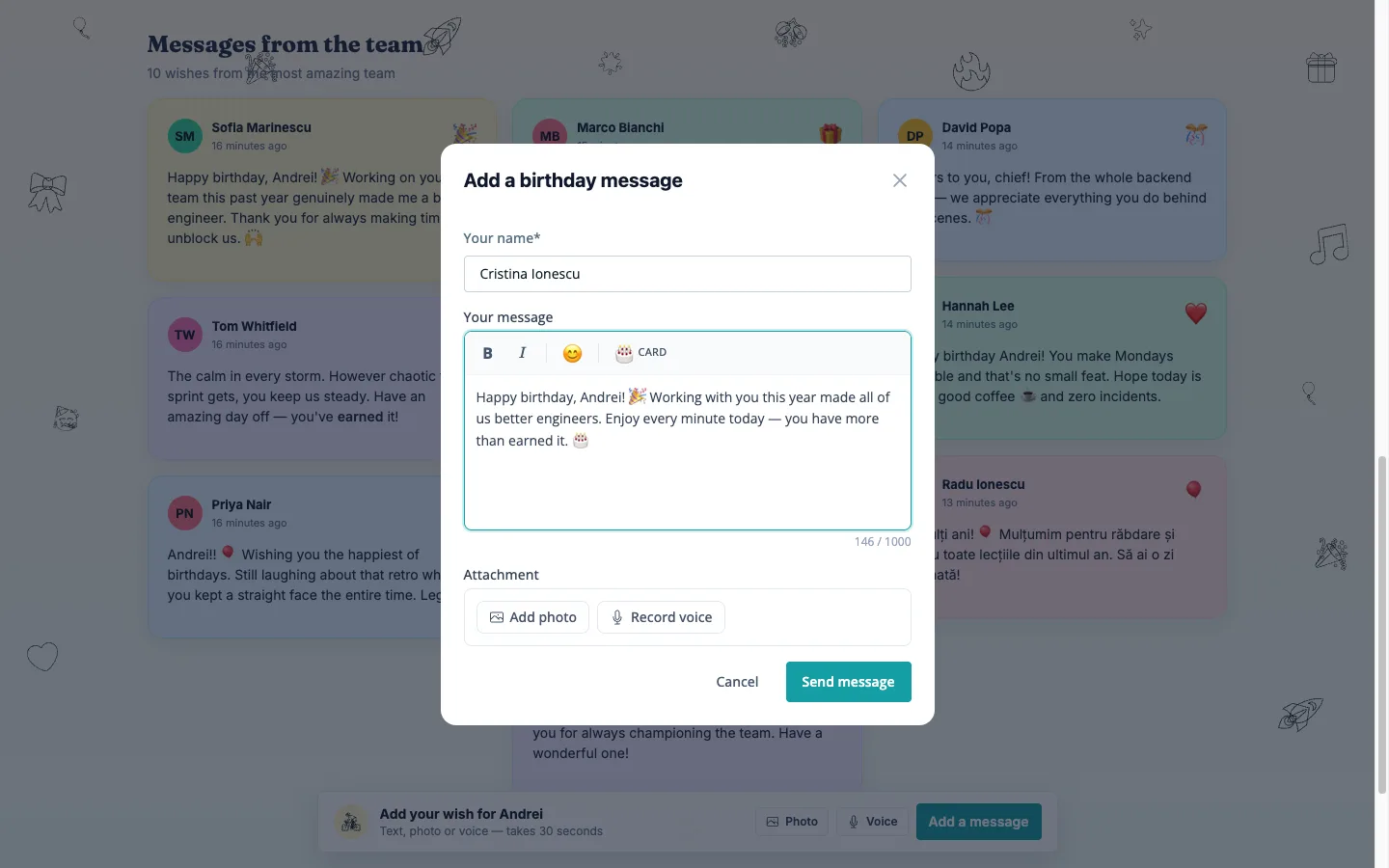 The sign-a-card dialog — name, a formatted message, and an emoji picker.