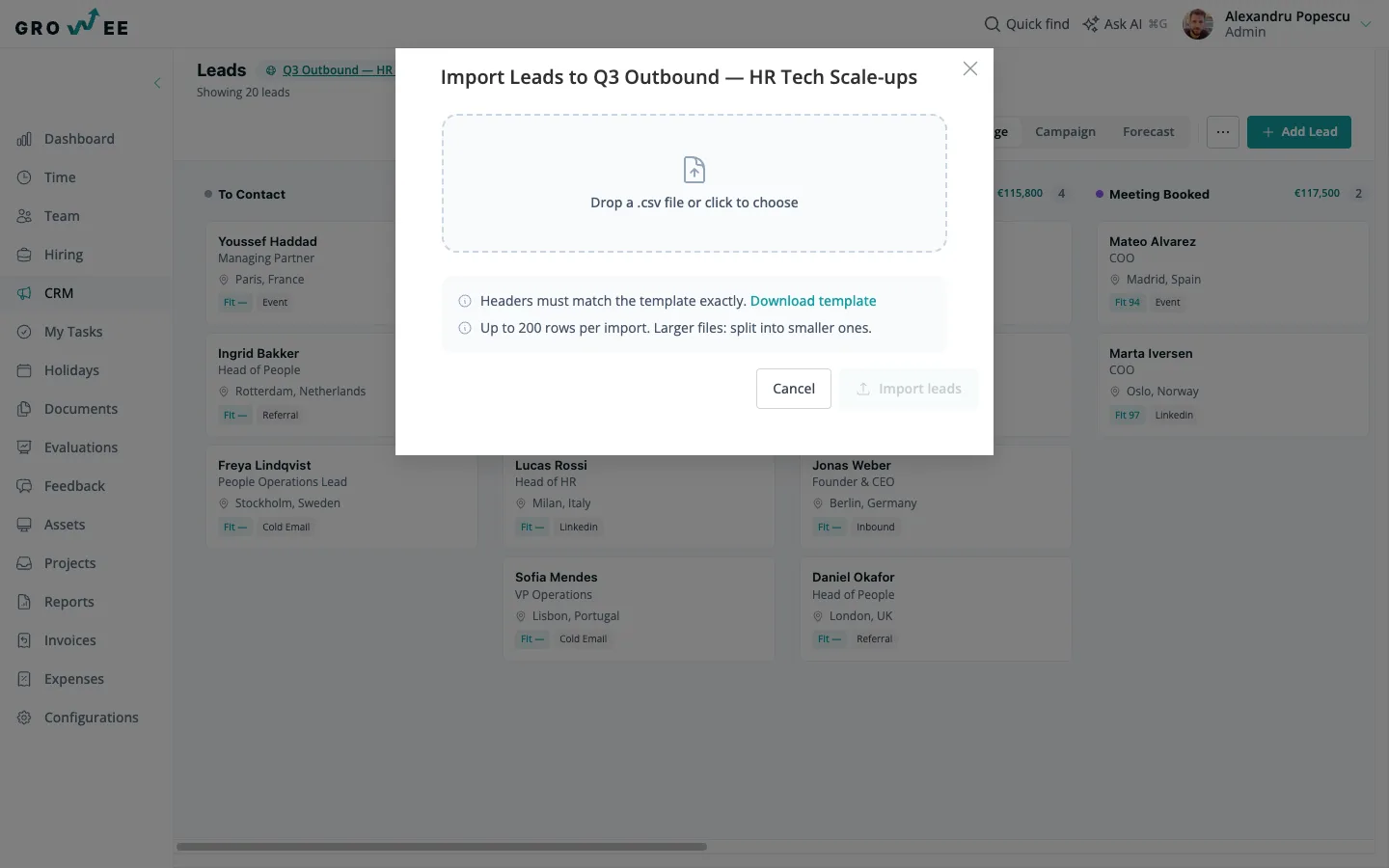 Import a spreadsheet or a LinkedIn profile — the lead shows up ready to work.