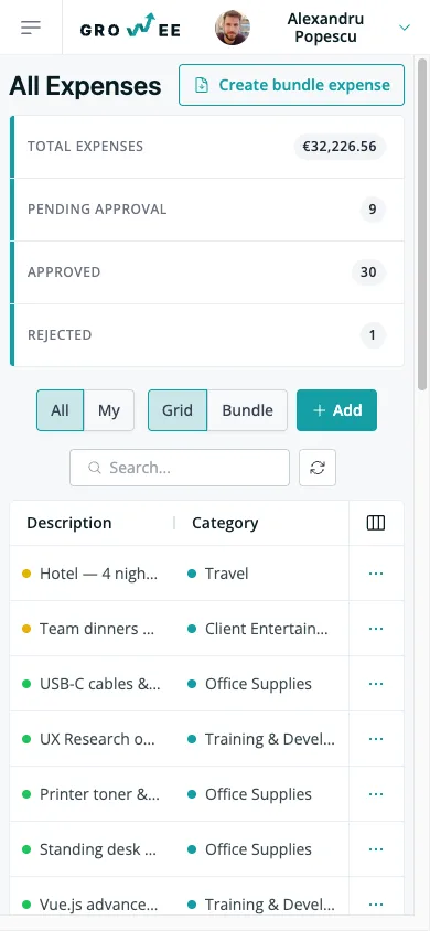 The expenses list on a phone