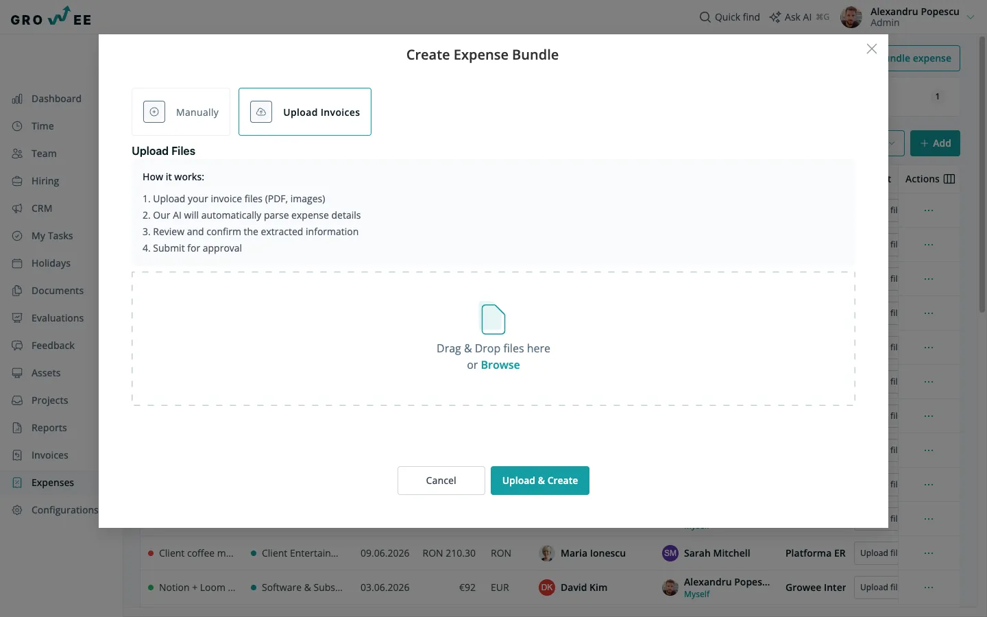 The AI receipt scan dialog — upload a receipt and the fields fill themselves in.