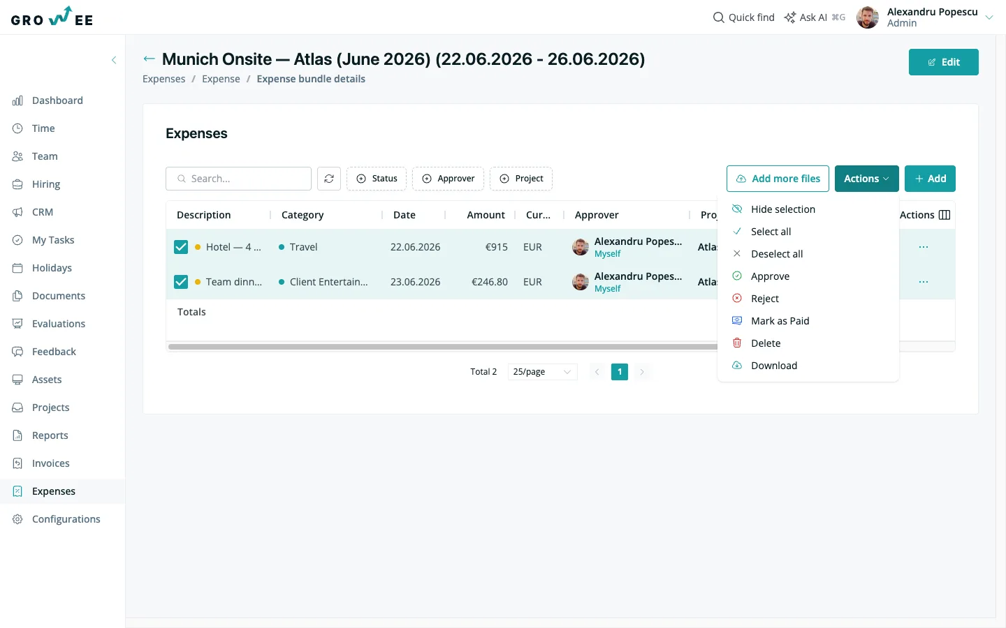 An expense report and export view with download options.