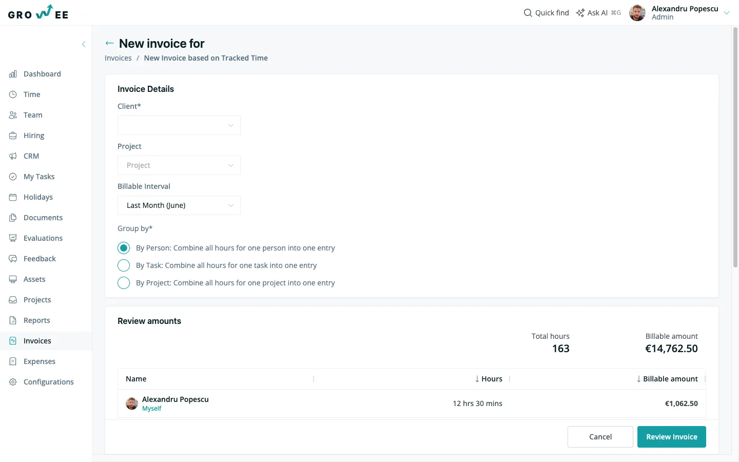 Billable timesheet hours turned into invoice line items, grouped by project.