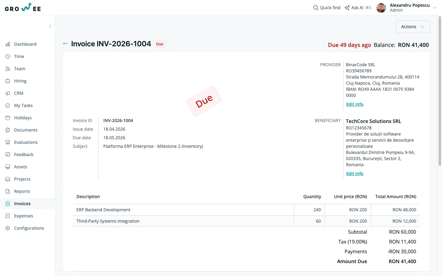 An invoice detail page showing line items, totals, tax, balance, and history.