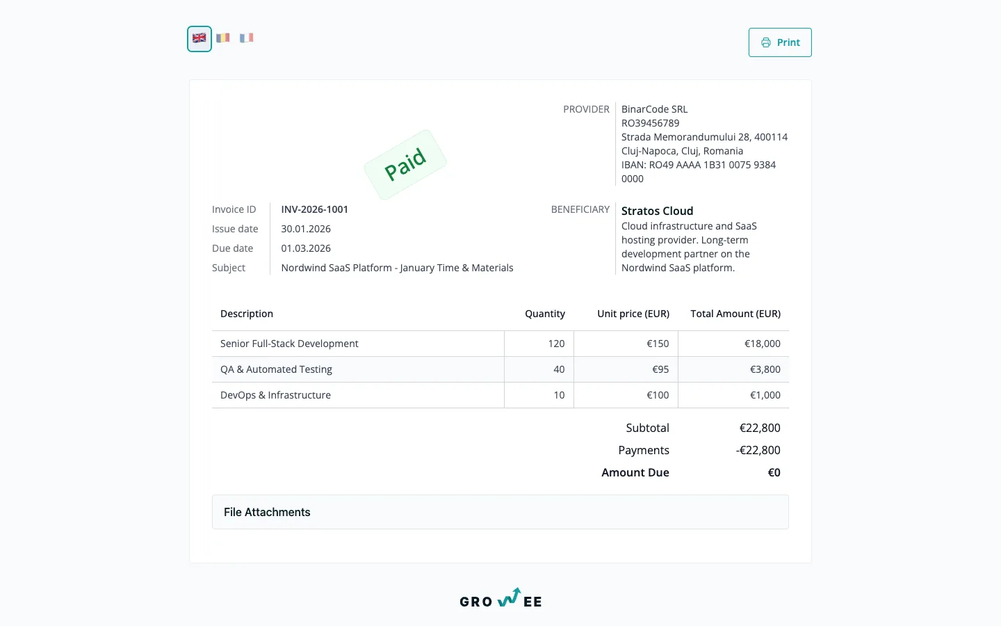 A branded invoice PDF with company logo, line items, and totals.