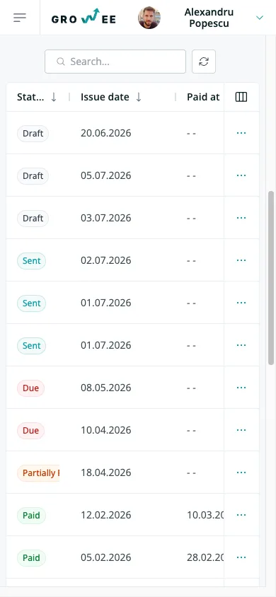 The invoice list on a phone