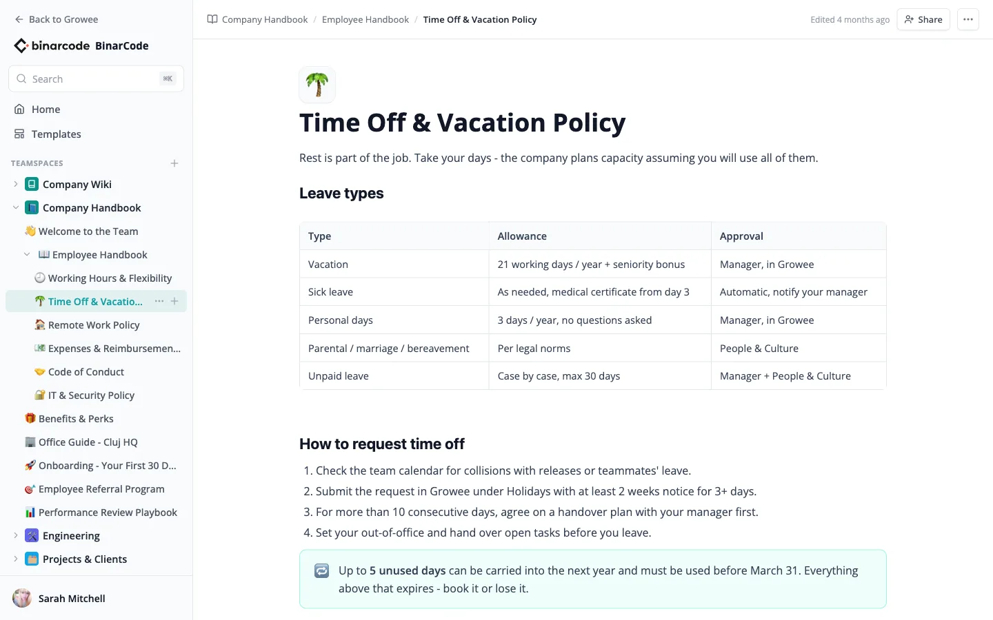 A vacation policy page with structured tables inside a nested teamspace tree.
