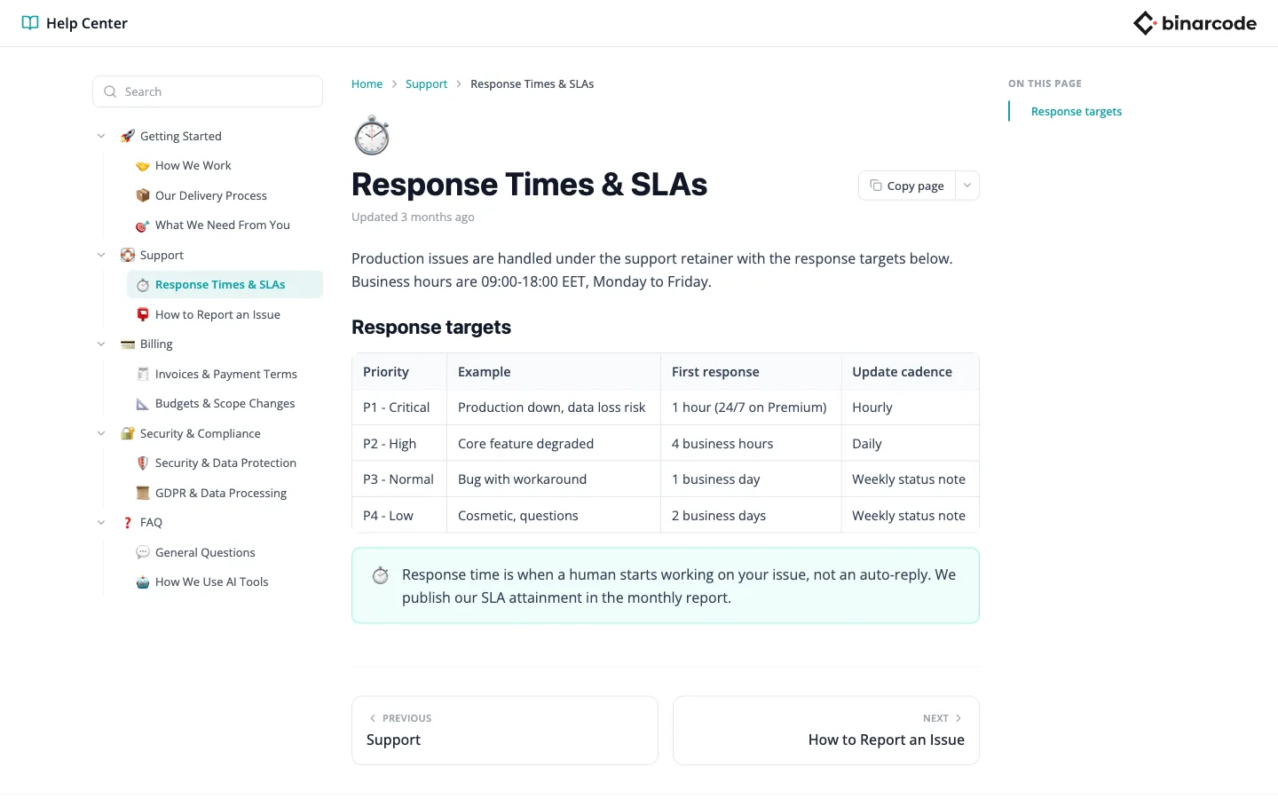 A public help center article with navigation tree, table of contents, and a copy page button.
