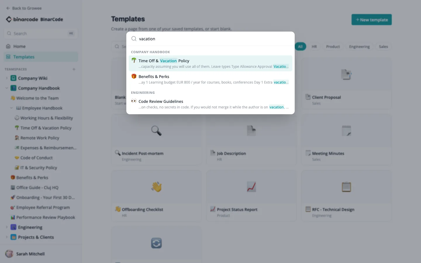The command-K search dialog with highlighted matches grouped by teamspace.