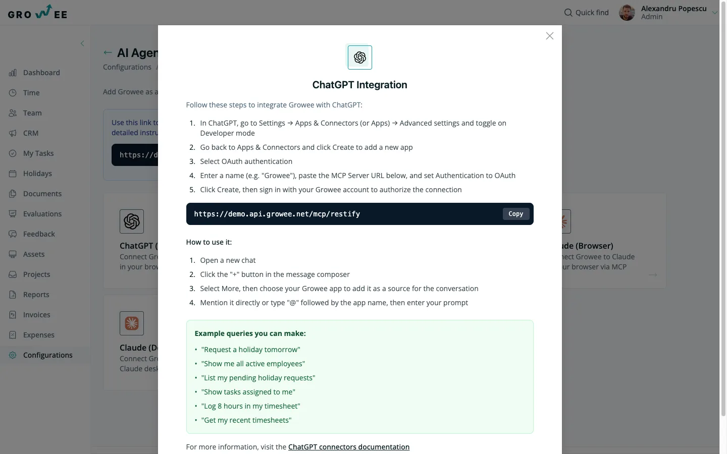 The ChatGPT connector dialog for adding the Growee MCP server.