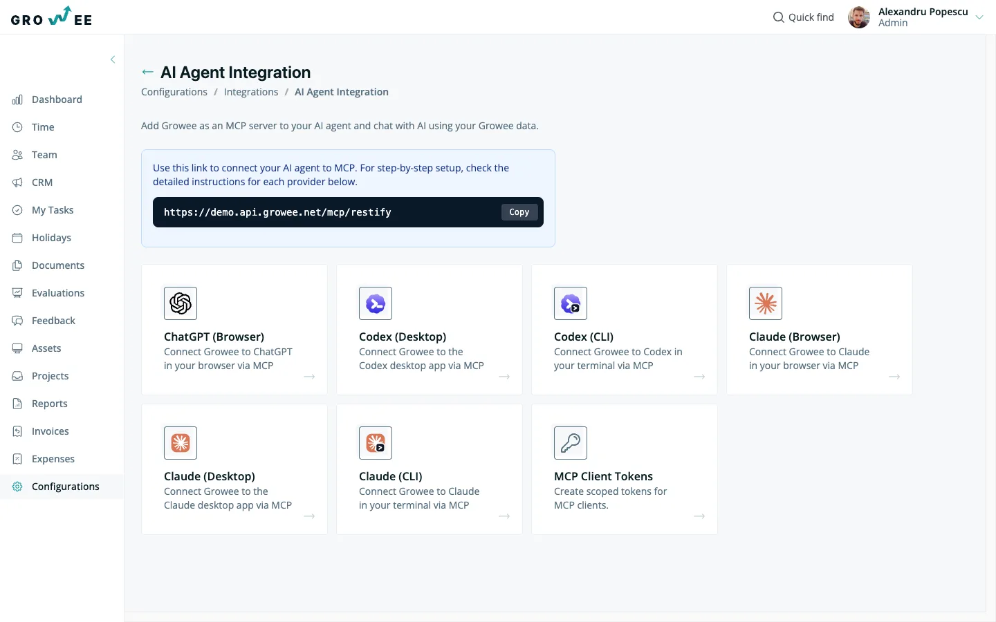 The AI Agent Integration settings page with a provider card for each assistant.