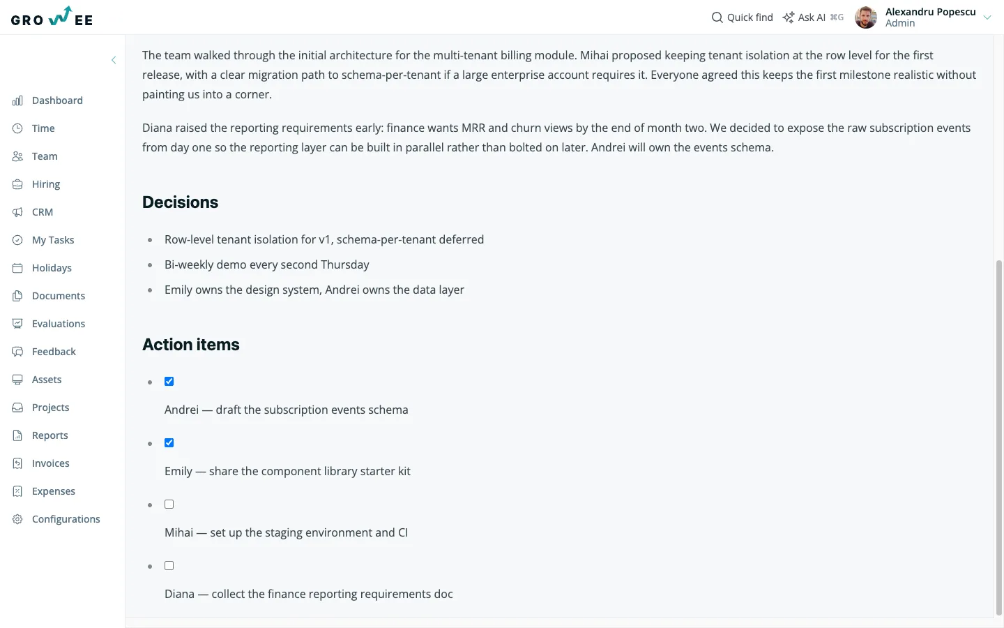 Action items and follow-ups captured as a checklist inside a meeting note.