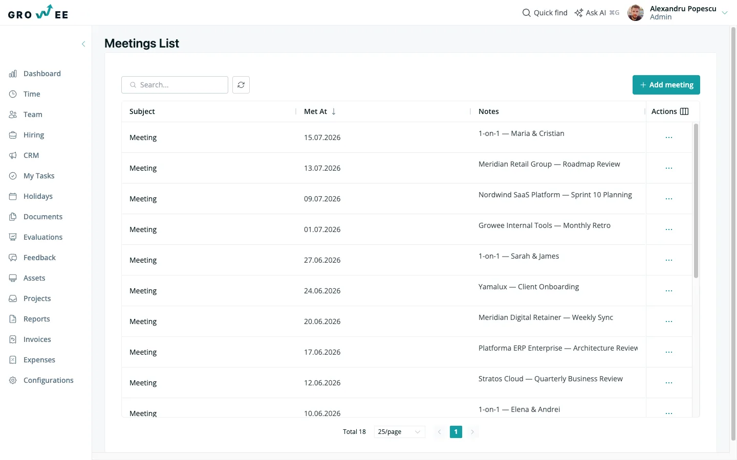 Every meeting, minuted — the Growee meetings list
