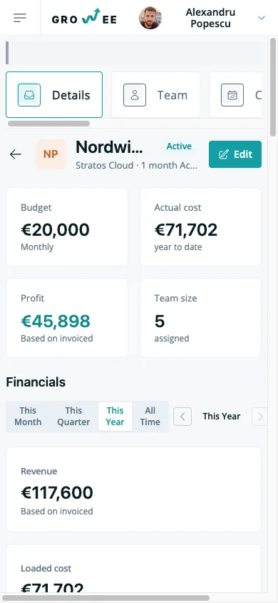A project's profitability overview on a phone