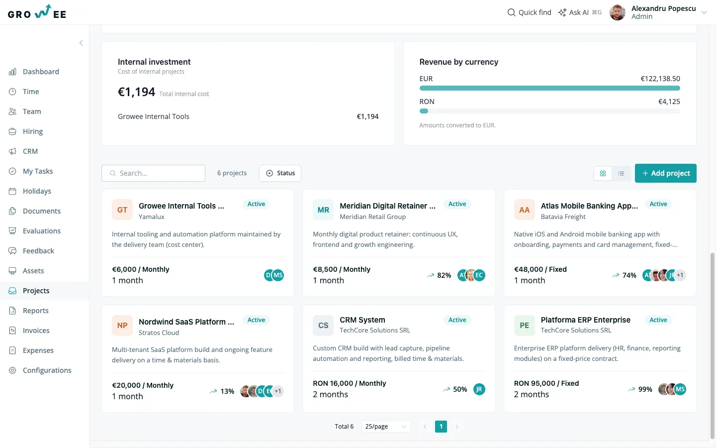 Know what every project really costs — the Growee projects portfolio with budget, billing model, and live margin on every project